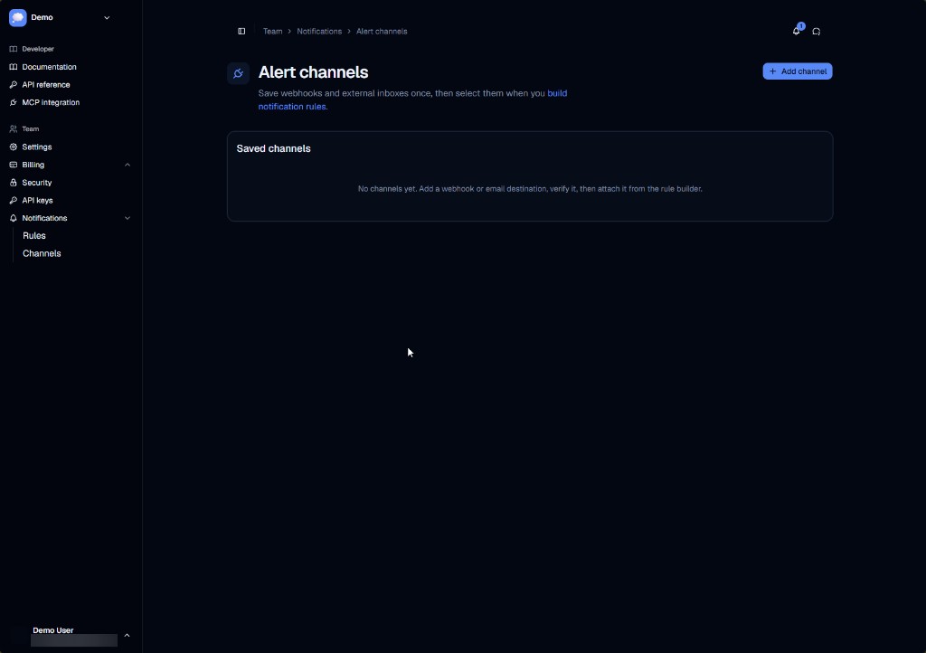 Alert channels page with empty saved channels state
