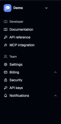 Sidebar with team switcher, Developer links, Team nav, and profile menu