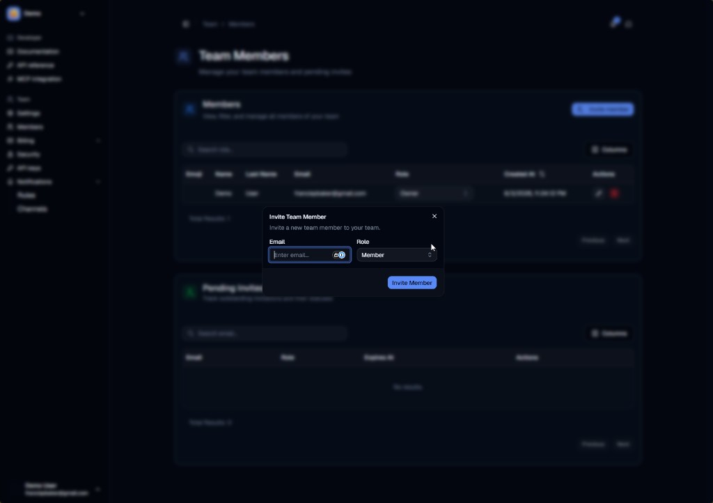 Invite Team Member dialog with email and role fields