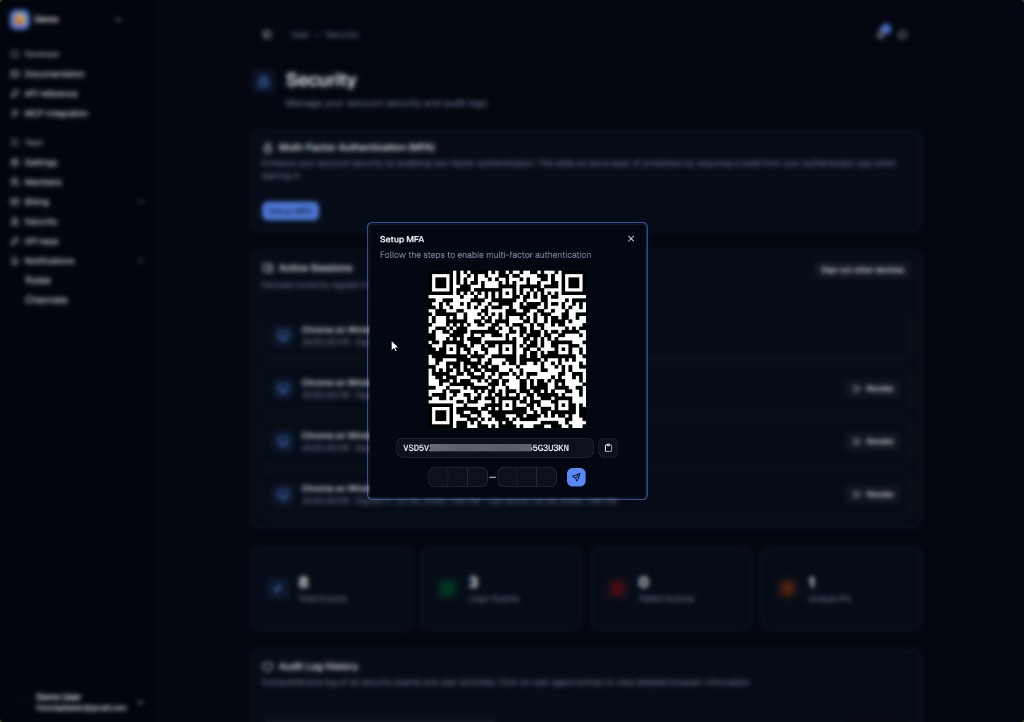 Setup MFA dialog with QR code, secret, and verification code