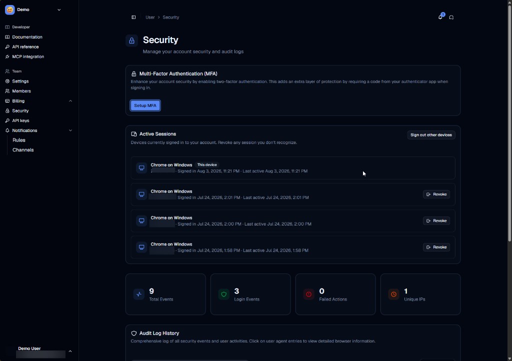 User Security page with MFA setup, active sessions, and audit summary
